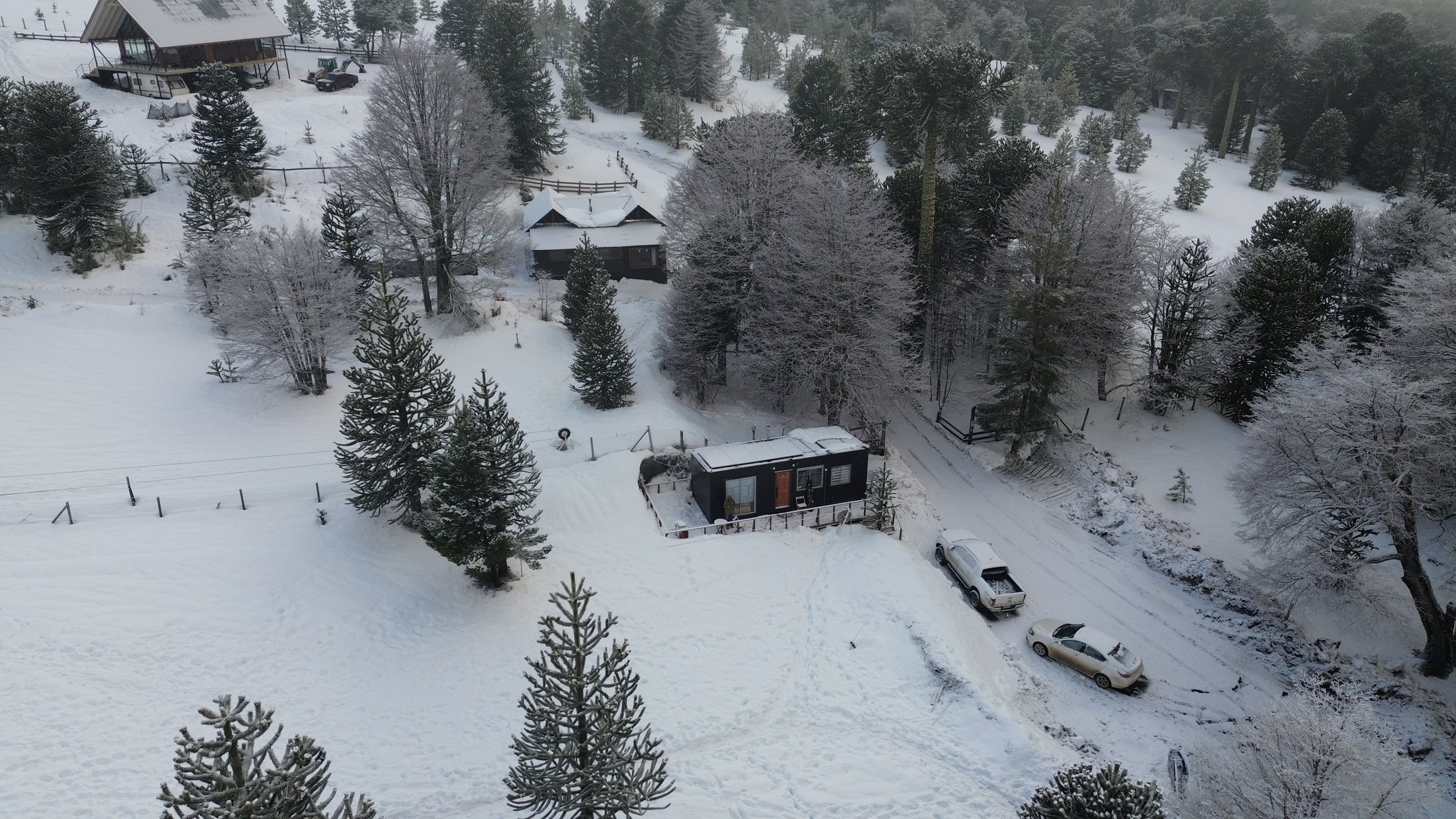 Vista aérea de Basecamps entre nieve y araucarias
